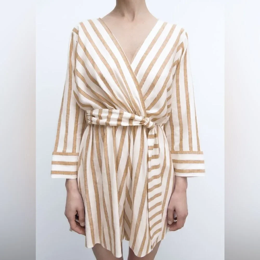Zara Linen Blend Jumpsuit Striped New